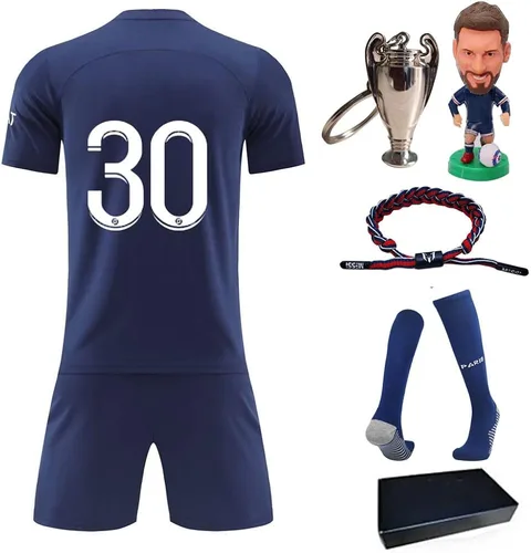 Nuevo uniforme de fútbol #30 para niños y jóvenes, camiseta de fútbol con muñeca y calcetín, conjunto de regalo para niños y niñas, Azul Rojo