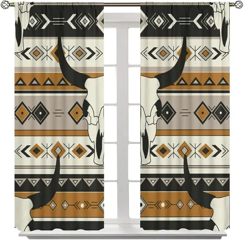 Vista 81 de Cortinas con patrón geométrico tribal, estilo suroeste, azteca, rústico, occidental, nativo americano, opacas, con bolsillo para barra, decoración