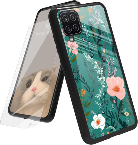 Vista 171 de Funda para Samsung Galaxy A12 5G con protector de pantalla, parte trasera de vidrio templado + TPU de silicona suave que absorbe los golpes