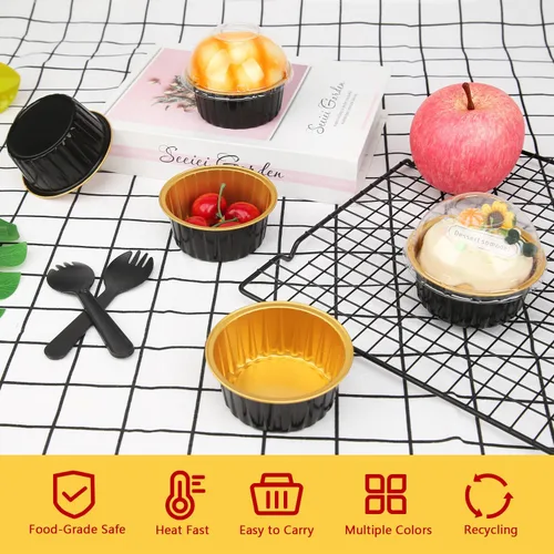 Vista 2 de LNYZQUS Mini moldes para hornear pasteles de 5 oz con tapas, paquete de 100, moldes desechables de aluminio para cupcakes, moldes pequeños