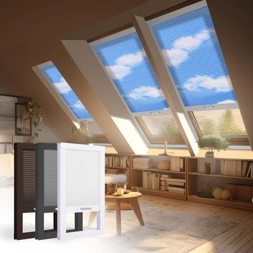 Vista 12 de BERISSA Persianas opacas manuales, sin cordón, con marco de aluminio, oscurecimiento de habitación, persianas de panal para techo de ático