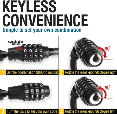 Vista 3 de MARQUE Cable de bloqueo de bicicleta de combinación de 3/8 pulgadas (5 pies, 10 pies, 15 pies, 25 pies) de bloqueo de combinación reiniciable, cable
