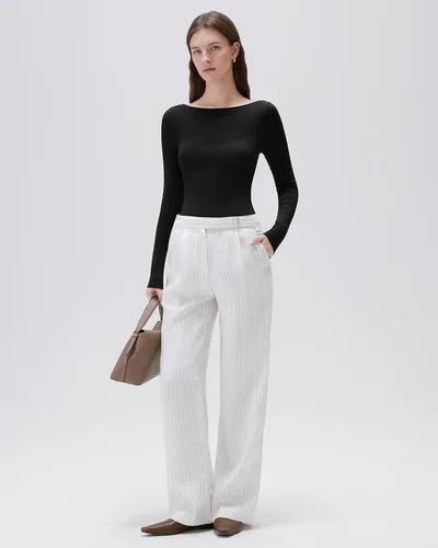 Vista 4 de SUUKSESS - Blusa de manga larga ajustada con cuello barco para mujer, de cachemira como las nubes Negro