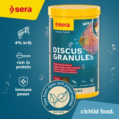 Vista 2 de Sera Discus Granules 33.8 fl oz (14,8 fl oz) Alimento principal para todos los peces de disco y ornamentales Rico en proteínas y minerales