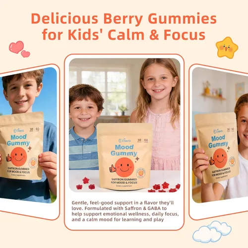 Vista 5 de Gomitas de azafrán para niños, con flor de la pasión, extracto de azafrán y GABA, suplemento de apoyo al estado de ánimo tranquilo
