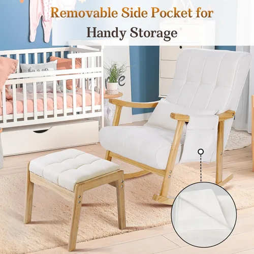 Vista 5 de NOBLEMOOD Mecedora tapizada con otomana, moderna silla mecedora para habitación del bebé, sillón de madera maciza con respaldo alto con asiento