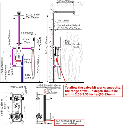 Vista 8 de SKOWLL Shower System with Tub Spout Bathroom Tub and Shower Faucet Combo Wall Mount 12 Inch Black Shower Head and Handle Set, Display Shower Valve