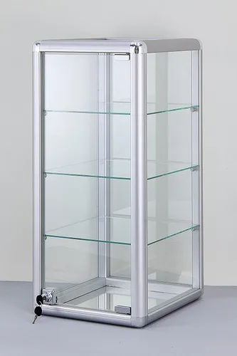 Vista 4 de Escaparate de vidrio templado con marco de aluminio para encimera de 3 estantes, 14 pulgadas de largo x 12 pulgadas de profundidad x 27 pulgadas