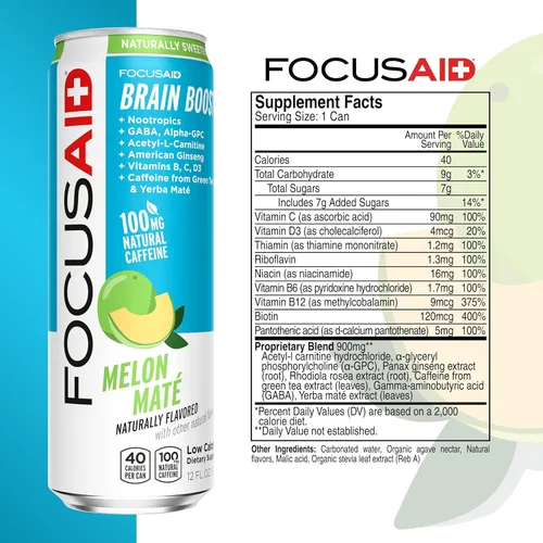 Vista 2 de LIFEAID FOCUSAID Bebida con fórmula Energy con nootrópicos para energía cerebral: Alfa-GPC, GABA, complejo B, yerba mate/té verde, 100% limpia, 100