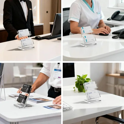 Vista 8 de NIUBEE Tarjetero acrílico con 2 ranuras, soporte para tarjetas de visita de doble capacidad para escritorio, pantalla transparente de 2 niveles