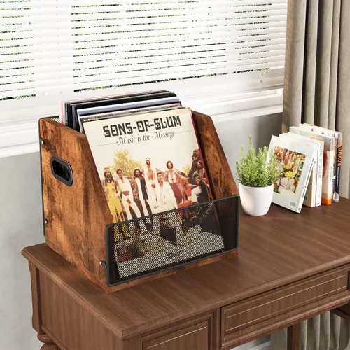 Vista 3 de Homeiju Caja de almacenamiento de discos de vinilo, estuche de caja de discos, soporte de álbum de discos de vinilo, estante de discos de vinilo