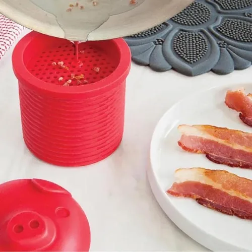 Vista 6 de Lindo colador y colador de grasa de tocino Rojo Recipiente de grasa de tocino en tarro de silicona con colador