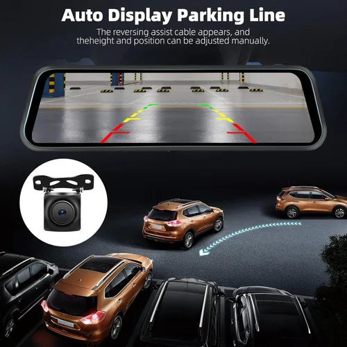 Vista 7 de Cámara de tablero WiFi de 3 canales de 9.66 pulgadas con cámara frontal y trasera, pantalla táctil IPS, triple cámara de espejo retrovisor
