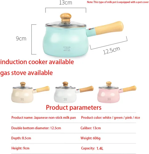 Vista 8 de Olla de leche pequeña beige de 1.2L con tapa lindo mango de madera hogar sartén antiadherente leche caliente bebé suplemento de alimentos olla