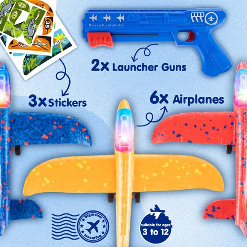 Vista 2 de Bigdream 6 Pack LED Airplane Launcher Toys with 2 Launchers, 2 Flight Mode Glider Catapult Plane with Stickers, Flying Outdoor Toys for 3 4 5 6 7 8