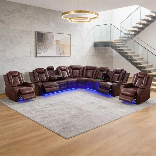 Vista 17 de Juego de sofá modular reclinable eléctrico para sala de estar, juego de sofá reclinable de cuero con luces LED / almacenamiento oculto, sofá