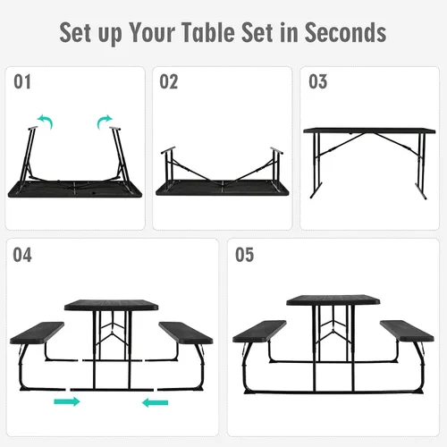 Vista 6 de GYMAX Mesa de pícnic, mesas de picnic plegables de 550 libras con bancos y asientos, resistente a la intemperie, mesa de picnic portátil de fácil