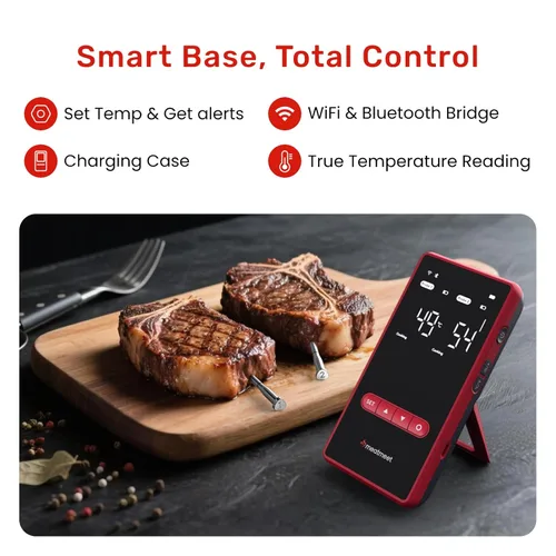 Vista 2 de Termómetro inalámbrico Meatmeet X Pro para carne con Wi-Fi dual y Bluetooth, termómetro digital para carne con 2 sondas y base de pantalla LED, 6