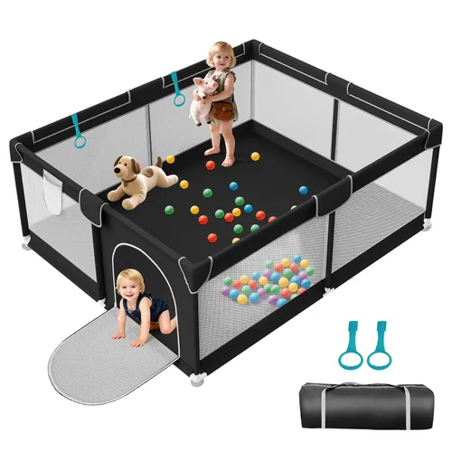 Vista 11 de Corralito para bebés de 64 x 64 pulgadas para bebés y niños pequeños, corralito extragrande para interiores y exteriores, con malla suave