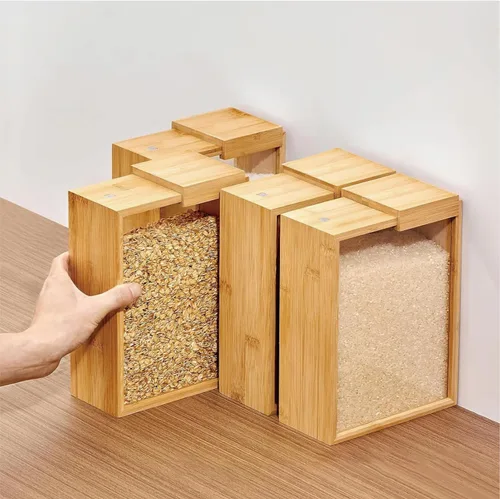 Vista 6 de Dispensador de alimentos secos de 2 litros, dispensador de alimentos de bambú, recipiente hermético de almacenamiento de cocina para cereales