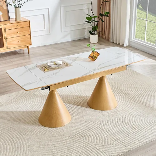 Vista 11 de Mesa de comedor extensible moderna para 4-8 personas, mesa de cocina de piedra sinterizada expandible con base de metal negro, ahorro de espacio