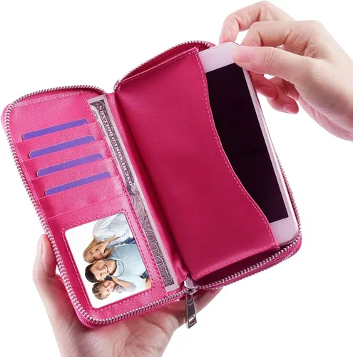 Vista 6 de HAWEE - Cartera para teléfono celular, con dos cierres y correa larga extraíble para la muñeca, para mujer