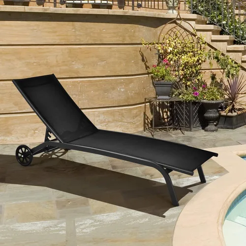 Vista 4 de Tangkula Sillón tumbona para exteriores, sillón reclinable de patio con respaldo ajustable de 6 posiciones, tela transpirable y ruedas lisas, silla