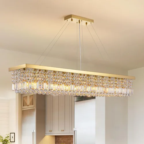 Vista 26 de 7PM Candelabro de cristal dorado moderno rectangular candelabros para comedor, lámpara colgante rectangular para isla de cocina y dormitorio, 31.5