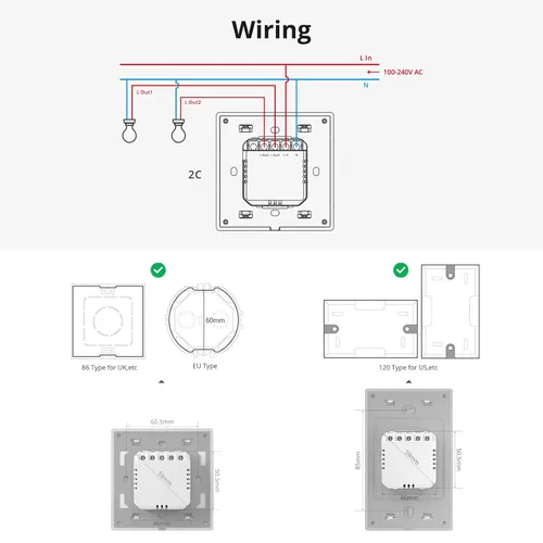 Vista 9 de SONOFF Interruptor de luz inteligente, interruptor de luz WiFi de 2.4 GHz, funciona con Alexa y Google Home, T5 2 Gang 1 Way Smart Life Light