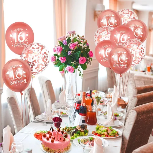 Vista 4 de Globos de cumpleaños número 16, 15 globos de oro rosa de feliz cumpleaños número 16, decoraciones de fiesta de cumpleaños número 16 para niñas