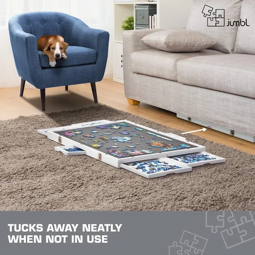 Vista 8 de Jumbl Tablero de rompecabezas inclinable de 1500 piezas premium con superficie de fieltro, 6 cajones de clasificación extraíbles, cubierta