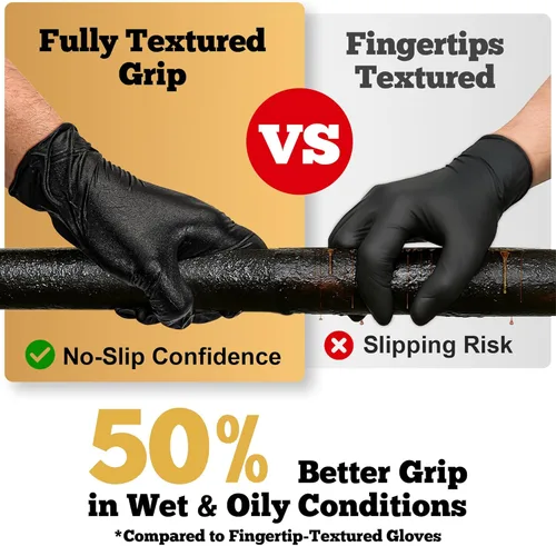 Vista 4 de TitanFlex Heavy Duty Black Nitrile Gloves, 6 Mil, Fully Textured, Mechanic Disposable Gloves, Latex Free, Powder Free