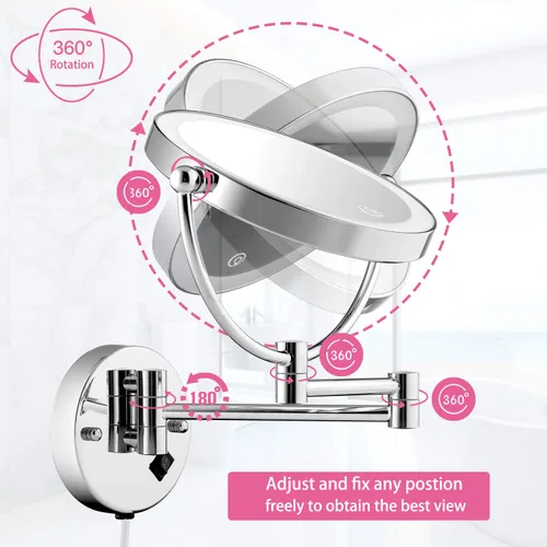 Vista 5 de Espejo de maquillaje montado en la pared con botón táctil iluminado, luz LED ajustable sin escalones, doble cara 1X/5x, espejo de tocador giratorio