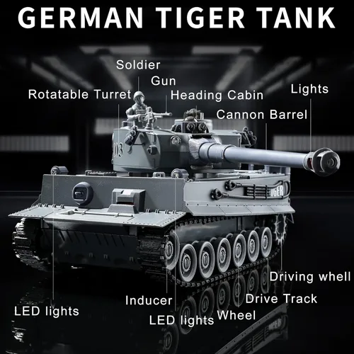 Vista 3 de Tanque Militar RC, Juguetes de Tanque del Ejército WW2 Tiger I con IR de Batalla, Vehículos Militares de Control Remoto de 2.4GHz con Luces