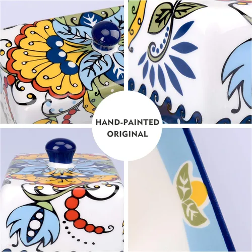 Vista 5 de NAGU Mantequillera de cerámica dibujada a mano con tapa, bandeja de mantequilla de granja con tapa, soporte para contenedor de queso vintage