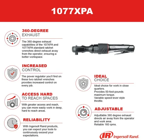 Vista 2 de Ingersoll Rand 1077XPA - Llave de carraca neumática de 1/2 pulgada, par de 54 pies-libras, 160 RPM