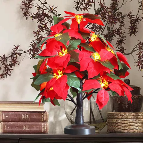Árbol de Pascua iluminado con luz blanca cálida, flores artificiales de Navidad con 8 modos de iluminación y temporizador para decoración interior