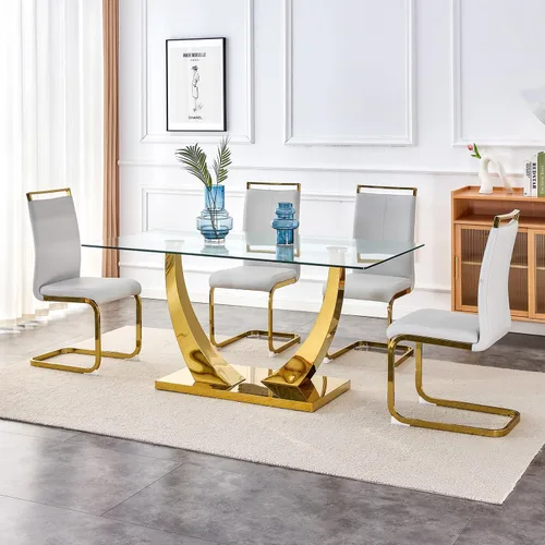 Vista 23 de Juego de mesa de comedor de 63 pulgadas para 4, juego de mesa de comedor dorado moderno para 4, juego de mesa de cocina de mármol sintético