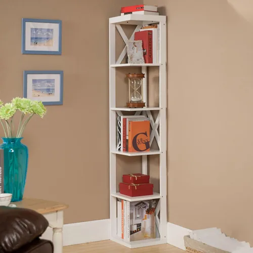 Vista 2 de Kings Brand Furniture esquinero de madera de 5 niveles, biblioteca y exhibidor, Madera, Blanco
