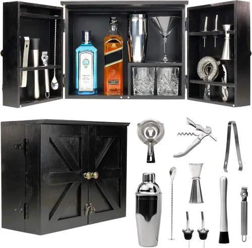 Excello Global Products Gabinete de camarero Barndoor con juego de herramientas de barra de 10 piezas: el kit perfecto para camareros domésticos