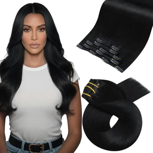 Vista 16 de Moresoo Extensiones de cabello humano con clip, balayage, color marrón oscuro a marrón dorado con clip, extensiones de cabello humano con clip, 5