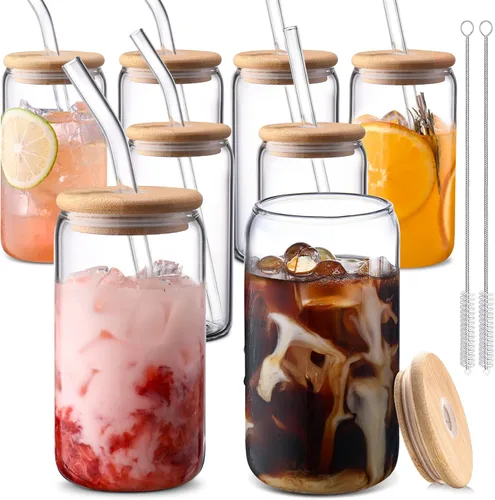 Vista 12 de DWTS DANWEITESI Vasos de vidrio con tapas y pajitas, 4 piezas, juego de vasos de 16 onzas para accesorios de barra de café, tazas de café helado