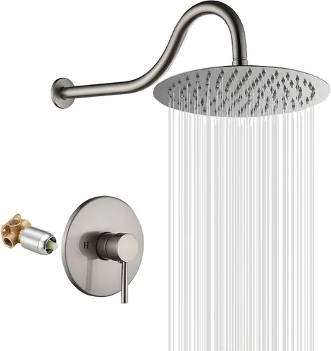 Vista 11 de GGStudy - Grifo de ducha negro mate de una sola función con válvula áspera, sistema de grifo de ducha de lluvia de baño, cabezal de ducha redondo