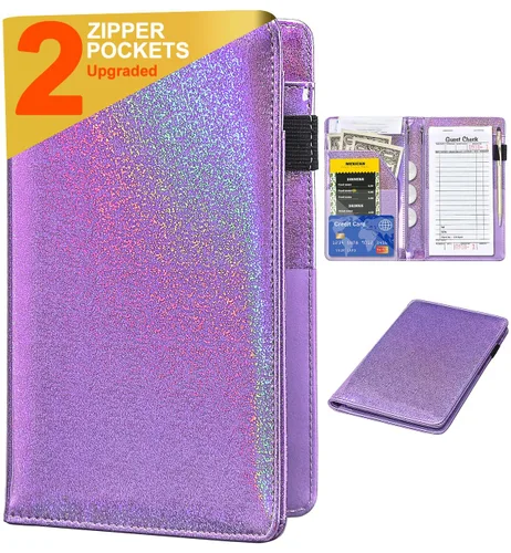 Vista 8 de Libros de servidor para camareras – Libro de camarero de cuero, cartera de servidor con bolsillo con cremallera, lindo organizador de libros