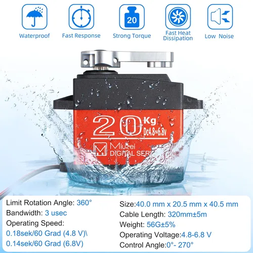 Vista 4 de Miuzei 44.1 lbs Servo Motor de alto par RC Servo Metal Gear Impermeable para 1/8, 1/10 R/C Modelo DIY Car Robot, DS3218, ángulo de control 270 °