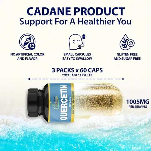 Vista 2 de Organic Cadane 3 paquetes de 60 cápsulas de extracto de quercetina – Apoya el sistema inmunológico – Combinado con saúco, bromelina, jengibre