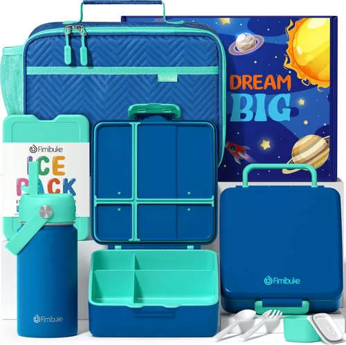 Vista 14 de Fimibuke Lonchera Bento para niños con 4 compartimentos, bolsa de almuerzo aislada, botella de agua aislada de acero inoxidable, paquete de hielo