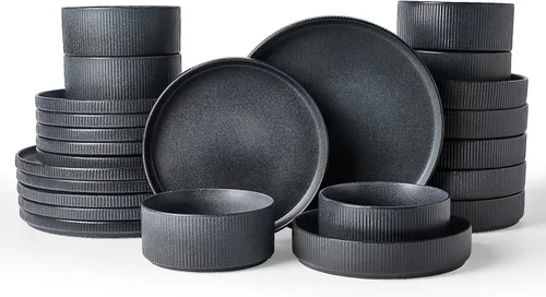 Vista 60 de famiware Juego de vajilla con estrellas, juego de platos y cuencos para 4, 12 piezas de vajilla acanalada - Resistente a las astillas y a