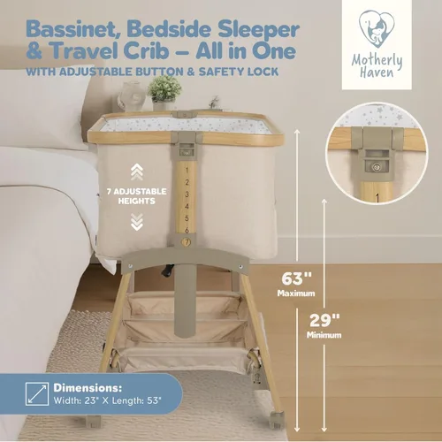 Vista 2 de Motherly Haven Moisés para bebé, cuna portátil para recién nacidos, bloqueo automático ajustable de 7 alturas, con ruedas, colchón suave y malla