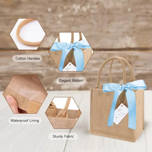 Vista 6 de Paquete de 6 bolsas de arpillera con asas reutilizables, mini bolsas de regalo de yute con cintas de seda azules, forro impermeable para bodas